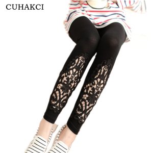 CUHAKCI 2017 Spring Autumn Women Cotton Clothing Knitted High Elastic Leggings Hollow Out Lace Trousers Thin Leggings