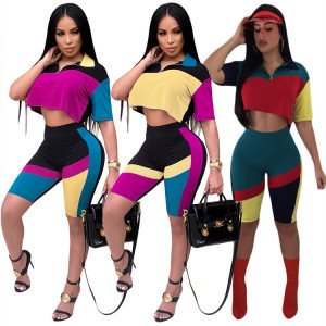 Custom women crop top and short pant patchwork two piece set