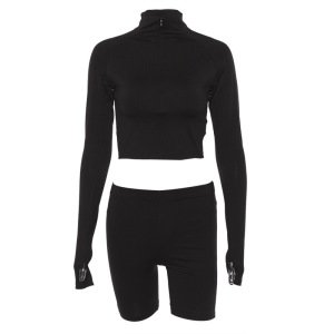 long sleeve zipper high neck elastic sexy crop tops shorts 2-pieces 2019 summer autumn women fashion casual sports sets