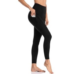 Solid Black Women Nylon High Waist Seamless Yoga Pants Leggings With Pockets