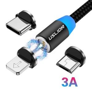 USLION 2M (6.6FT) 3 in 1 Fast Charging Magnetic USB Cable for Android Nylon Weave Data Transfer Cable for Type-C