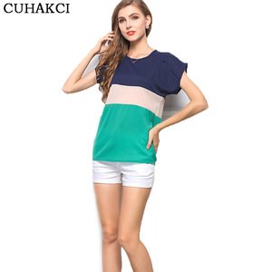 Women Summer Brand Light Color Short Sleeve T-shirts Women Blocking Striped Chiffon T-Shirts Plus Size
