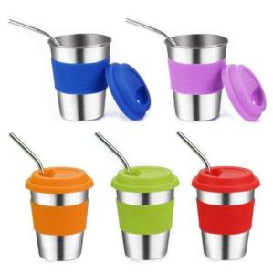 5 Pack 12oz Stainless Steel Straw Cups with Lids,Spill Proof stainless steel metal kids cup with Lids and Straws for Adults Kids