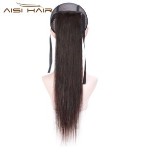 Aisi Hair 16 Inch Indian Remy Human Hair Ponytail Human Hair Extension Ribbon Straight Ponytail Extensions for Women