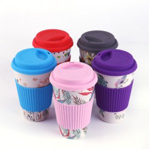 BPA Free Reusable 14oz Customize  Eco-friendly Bamboo Fiber Cup with Silicone  Lid