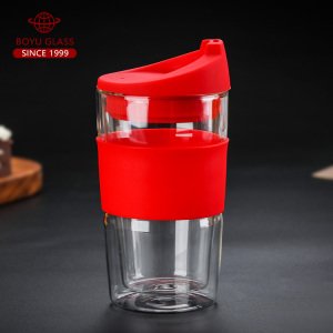 Heat-insulated reusable 300ml  silicone glass coffee cup
