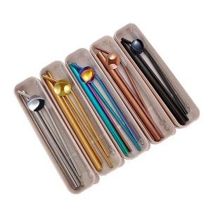 Hot Sale 304 Stainless Steel Drinking straws set Reusable Metal Drinking Straw with spoon, box and brush