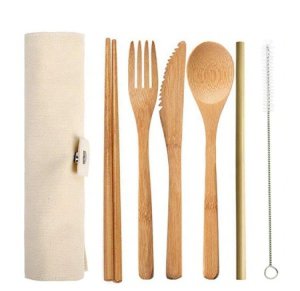 Hot Sale White Outdoor Travel Picnic 6PC Natural Eco Friendly Reusable Bamboo Cutlery Travel Set