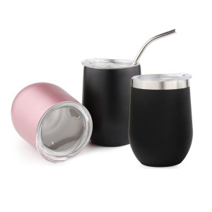 Hot Selling Wine Glasses,Rose Gold Double Wall Insulated Travel Stainless Steel Thermos Vacuum Wine Tumbler With Straw