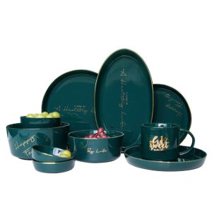 Ins green gold Nordic porcelain cup dishes bowl plate dinnerware sets creative luxury ceramic tableware