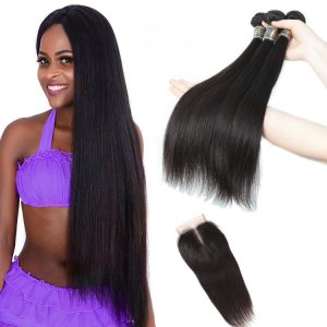Lsy Malaysian Straight Hair Weave Bundles 100% Virgin Human Hair Extension, Natural Color 3 Bundles With Middle Part Closure