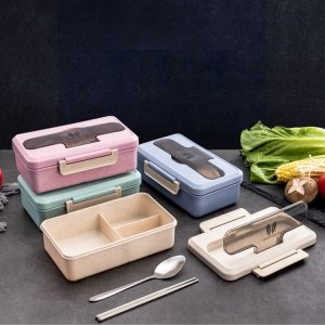 Natural Wheat Straw Lunch  Bento Box 3-Compartment with Reusable Cutlery