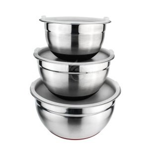 Non-Slip Flat Base Mixing Fruit Soap Premium Storage Stainless Steel Mixing Bowls Set Airtight Plastic Lids Metal Salad Bowl