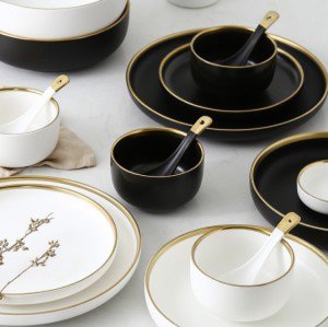 Nordic ins style gold edge simple ceramic dinnerware set western steak plate household rice salad bowl