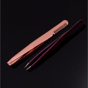 Safety stainless steel rose gold multi function 2 in 1 false eyelash extension tweezers private label with comb