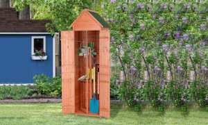 Groupon Goods Outsunny upright wooden garden storage shed