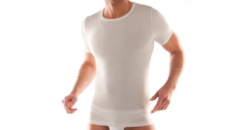 T-Shirt girocollo manica corta uomo, esterno 65% lana-interno 100% cotone