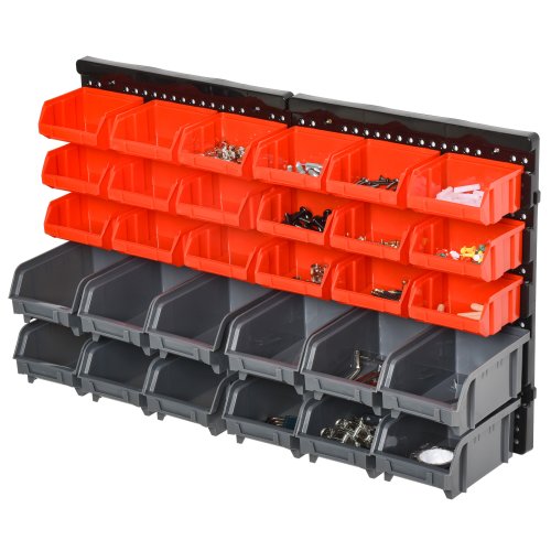DURHAND PP Wall Mounted 30-Compartment Tool Hardware Organiser Red/Grey|Aosom Ireland