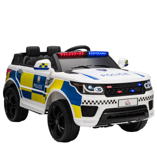 HOMCOM 12V Kids Portable Electric Ride On Police Car with Parental Remote Control Siren Flashing Lights USB Bluetooth White | Aosom Ireland