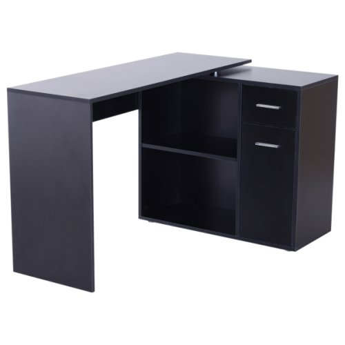 HOMCOM 180 Degree Rotating Corner Desk L- Shaped Table Home Office Workstation Black NEXT DAY DELIVERY | Aosom Ireland
