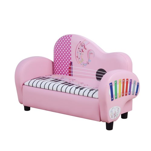 HOMCOM 2-Seater Children Sofa Bed Kids Sofa Piano Shape Musical-Theme PVC Sofa Anti-slip Feet Couch Storage Box Sturdy - Pink | AOSOM IE