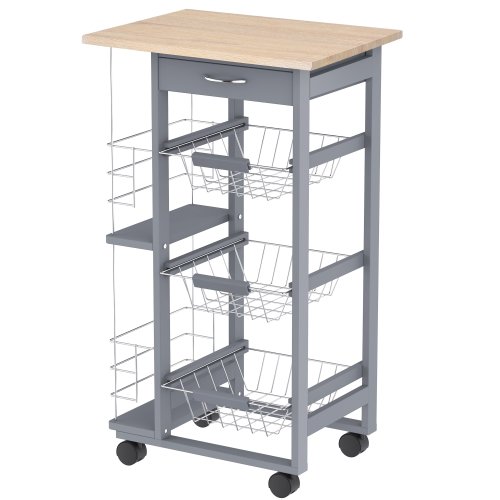 HOMCOM 3-Tier Kitchen Cart Wood Top Movable Trolley with Drawer Baskets Spice Racks | Aosom Ireland