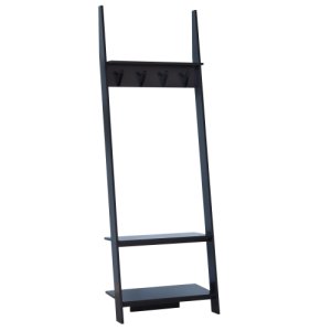 HOMCOM 3 Tier Ladder Shelf Wall Storage Display Rack Garment Tidy Rails 4 Hooks Black