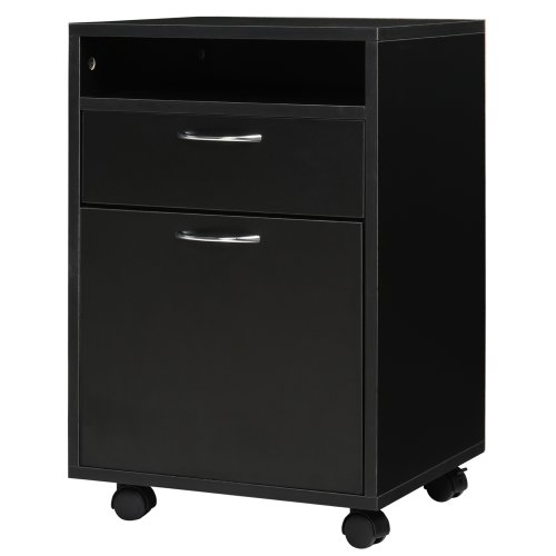 HOMCOM 60cm Storage Cabinet w/ Drawer Open Shelf Metal Handles 4 Wheels Office Home Organiser Mobile Printer Black | Aosom Ireland