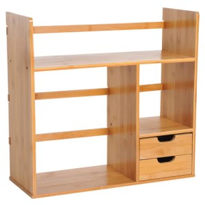 HOMCOM Bamboo Desk Organiser Desktop Bookshelf Storage Shelf 180 Degree Rotatable 2 Drawers