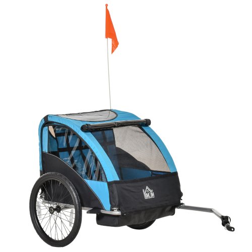 HOMCOM Child Bicycle Trailer Foldable 2-Seat Baby Transport Carrier with Storage Bag Five-point Safety Harness Blue | Aosom Ireland