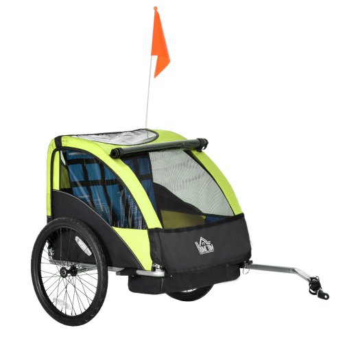 HOMCOM Child Bicycle Trailer Foldable 2-Seat Baby Transport Carrier with Storage Bag Five-point Safety Harness Green | Aosom Ireland
