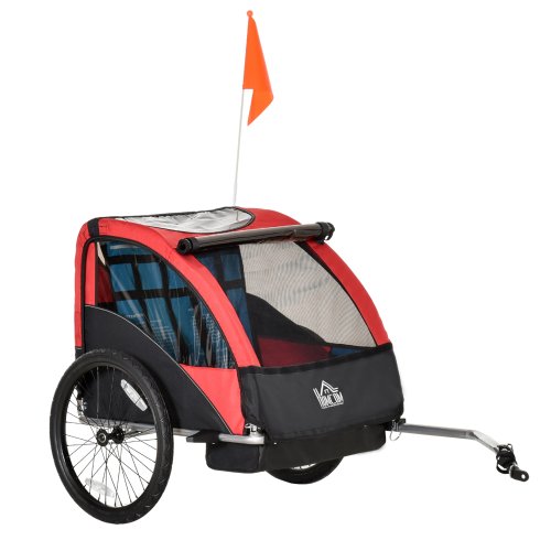 HOMCOM Child Bicycle Trailer Foldable 2-Seat Baby Transport Carrier with Storage Bag Five-point Safety Harness Red | Aosom Ireland