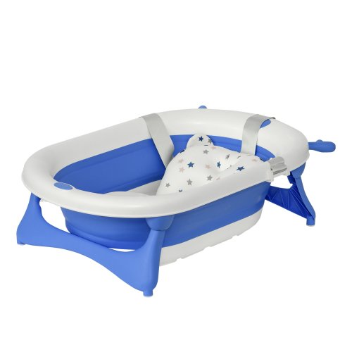 HOMCOM Collapsible Baby Bath Tub Foldable Ergonomic w/ Cushion Temperature Sensitive Water Plug Non-Slip Support Leg Portable Blue | Aosom Ireland