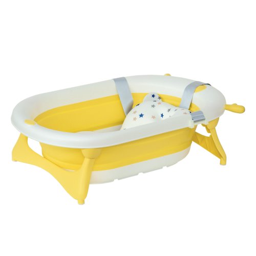 HOMCOM Collapsible Baby Bath Tub Foldable Ergonomic w/ Cushion Temperature Sensitive Water Plug Non-Slip Support Leg Portable Yellow | Aosom Ireland