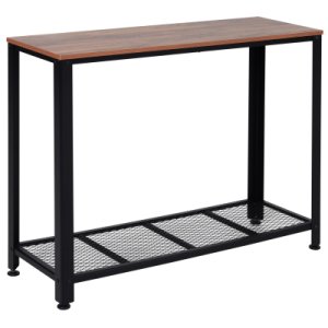 HOMCOM Console Table Veneer Top w/ Mesh Shelf Rectangular Adjustable Feet Metal Frame MDF Brown Black