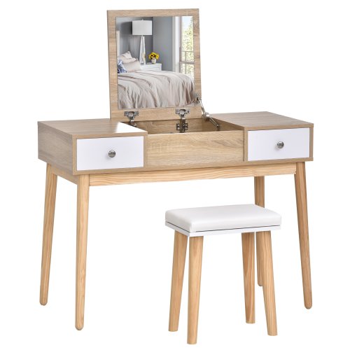 HOMCOM Dressing Table Set w/ Flip Top Mirror & Cushioned Stool Makeup Vanity Dressing Table w/ 2 Drawers & Storage Natural | Aosom Ireland