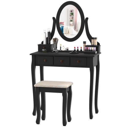 HOMCOM Dressing Table Vanity Set Vintage Desk Stool Mirror Makeup Furniture Shabby Chic Style Jewelry Cosmetic Storage w/5 Drawers| Aosom Ireland