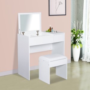 HOMCOM Dressing Table With Flip-up Mirror and Padded Stool-White