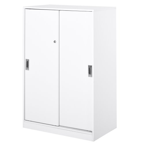 HOMCOM File Cabinet Office Storage Cupboard 2 Sliding Door 3 Shelves Locking Bookcase Shelving Unit 80x40x120cm-White | Aosom Ireland