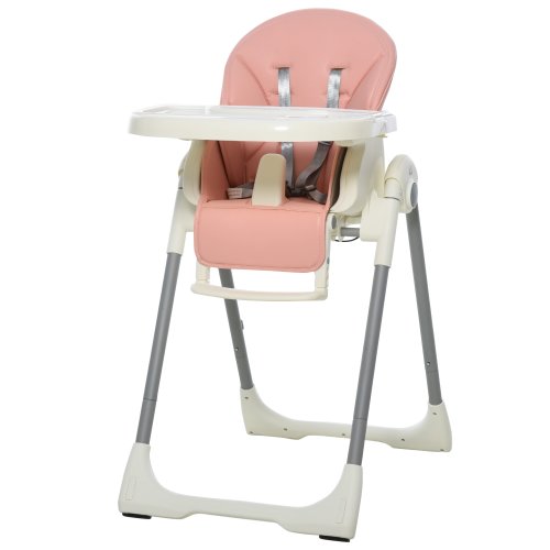 HOMCOM Foldable Baby High Chair Toddler Chair Height Adjustable with Adjustable Backrest, Footrest, Mobile with Wheels for Kids 6-36 Months Pink