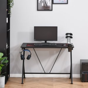 HOMCOM Gaming Desk Computer Table Metal Frame with Cup Holder, Headphone Hook, Cable Hole, Black | Aosom Ireland
