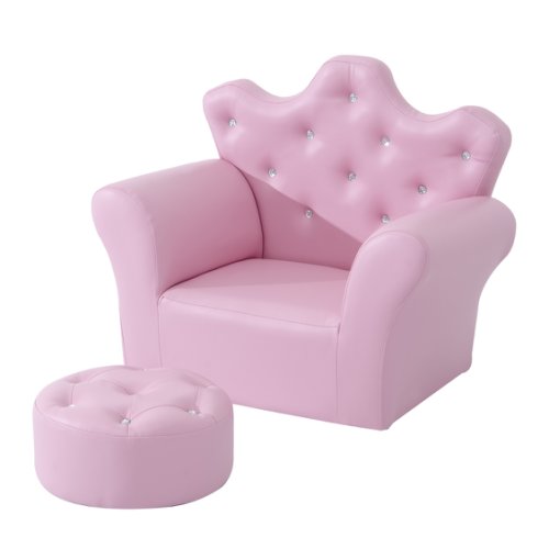 HOMCOM Kids Armchairs with Foot Stool Children Sofa PU Leather Chair Set Princess Crown Sofas Armchair Sofa For Toddlers - Pink | AOSOM IE