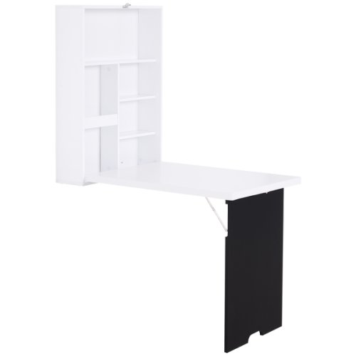 HOMCOM MDF Folding Wall-Mounted Drop-Leaf Table with Chalkboard Shelf Bookcase White