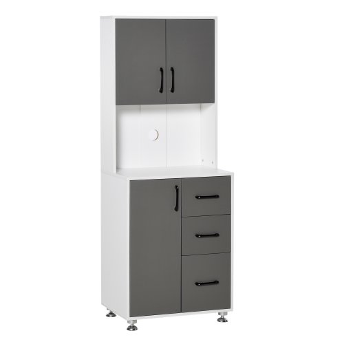 HOMCOM Modern Kitchen Cupboard with Storage Cabinet Hutch ,2 Cabinets, 3 Drawers and Open Countertop, Grey | Aosom Ireland