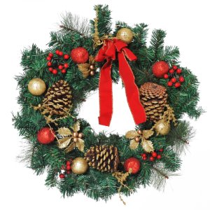 HOMCOM Pre-Lit Artificial Christmas Door Wreath Holly Garland Decor Pine Cones 20 LED Lights 60cm