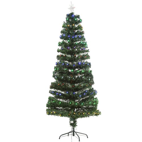 HOMCOM Pre-Lit Fiber Optic Christmas Tree with Star Tree Topper, Solid Metal Base, 220 Branch Tips, LED Lights for Home Holiday Decoration
