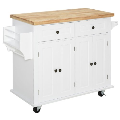 HOMCOM Rolling Kitchen Island Storage Trolley W/ Rubber Wood Top & Drawers for Dining Room White | Aosom Ireland