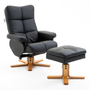 HOMCOM Wooden Recliner PU Leather Chair W/Stool-Black