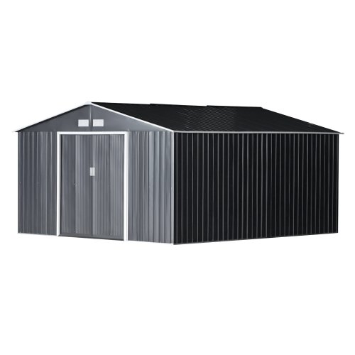 Outsunny 13 x 11ft Outdoor Garden Roofed Metal Storage Shed Tool Box with Foundation Ventilation & Doors, Grey | Aosom Ireland