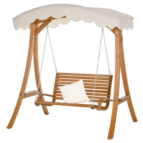 Outsunny 2 Seat Wooden Swing Chair Wood Swing Bench Chair With Canopy and Cup Holder for Patio Garden | Aosom Ireland